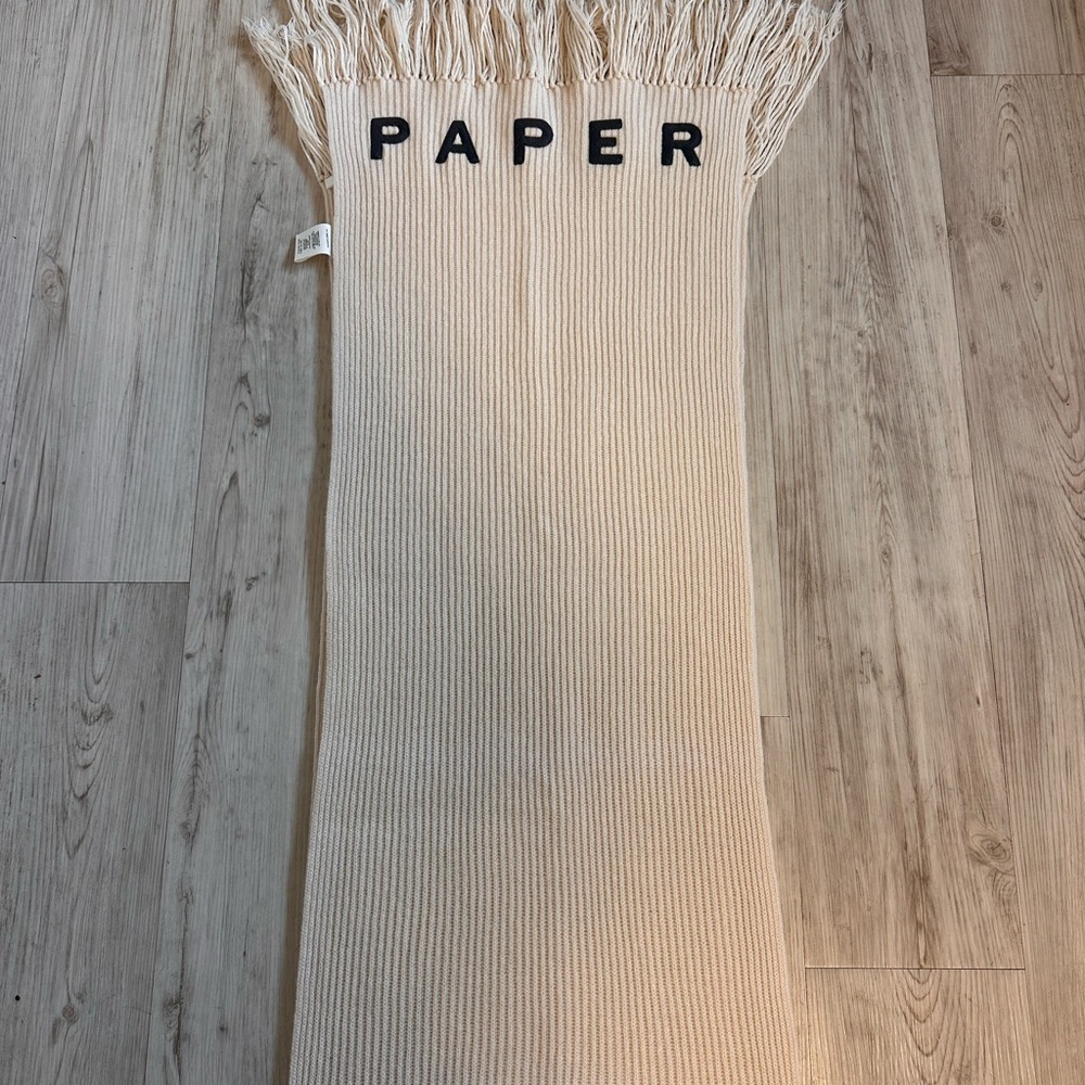 Paper embroidered Cream Knit Scarf with Fringe